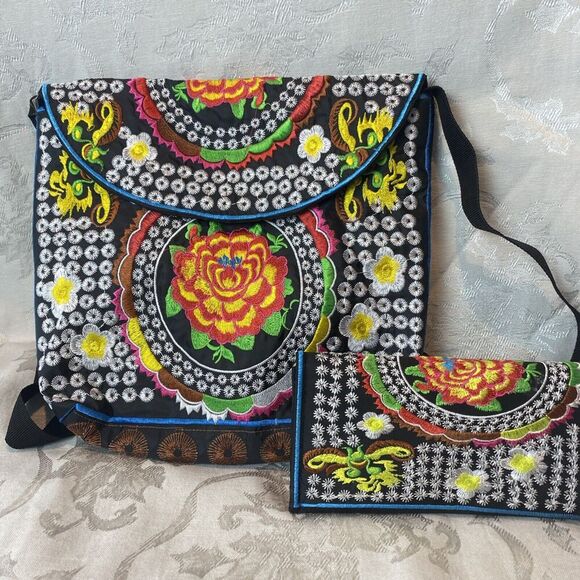 Embroidered Boho Artsy Festival Shoulder Bag & Wallet Set - Picture 1 of 13